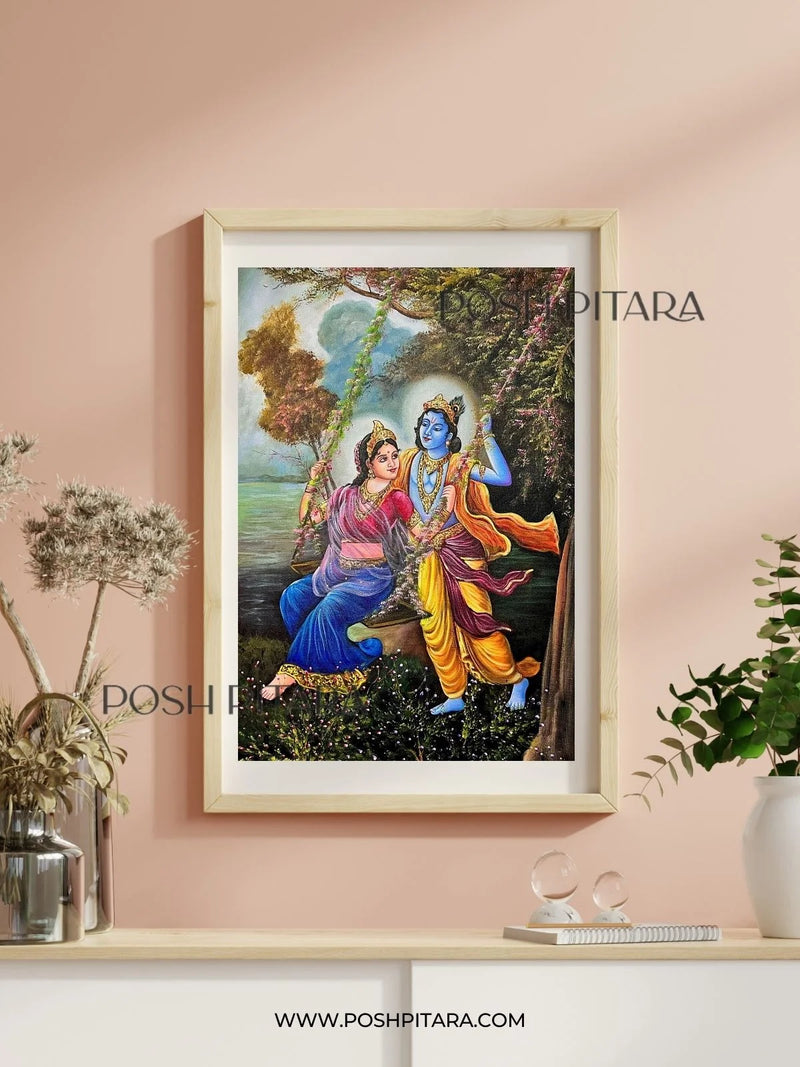 SWINGING SERENADE OF RADHA KRISHNA CANVAS PAINTING (Handpainted)