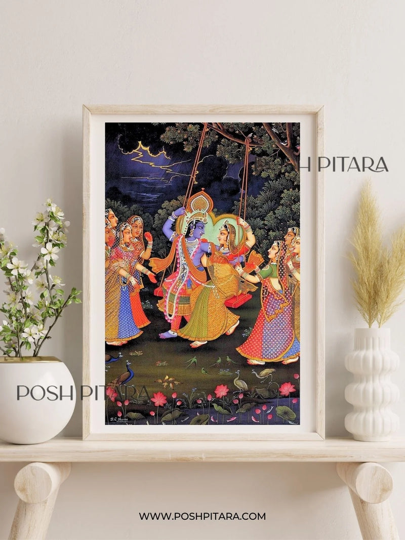 RADHA KRISHNA'S SWING OF LOVE PICHWAI (Handpainted)