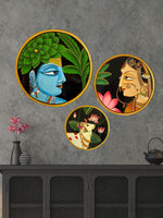 HANDPAINTED RADHA KRISHNA & HOLYCOW PICHWAI WALL PLATES (SET OF 3)