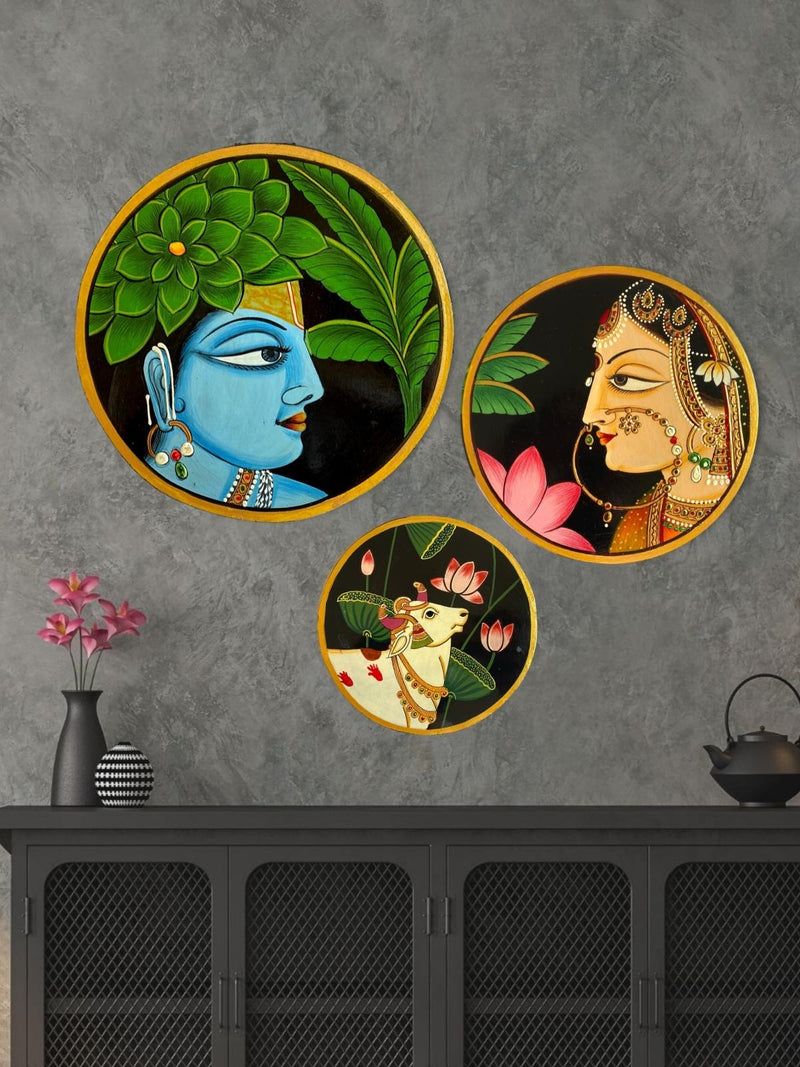 HANDPAINTED RADHA KRISHNA & HOLYCOW PICHWAI WALL PLATES (SET OF 3)