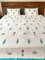 DAKOTA DAYS FLORAL HANDBLOCK PRINTED BEDSHEET WITH REVERSIBLE PILLOW CASES