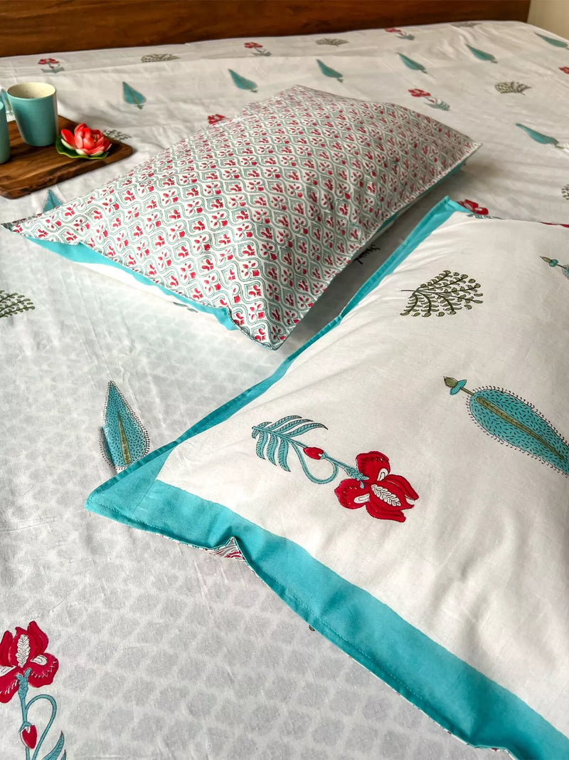 DAKOTA DAYS FLORAL HANDBLOCK PRINTED BEDSHEET WITH REVERSIBLE PILLOW CASES