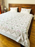 ENCHANTING PALM & FLORAL JAAL HANDBLOCK PRINTED BEDSHEET WITH REVERSIBLE PILLOW CASES