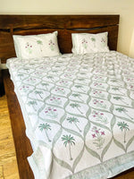 ENCHANTING PALM & FLORAL JAAL HANDBLOCK PRINTED BEDSHEET WITH REVERSIBLE PILLOW CASES