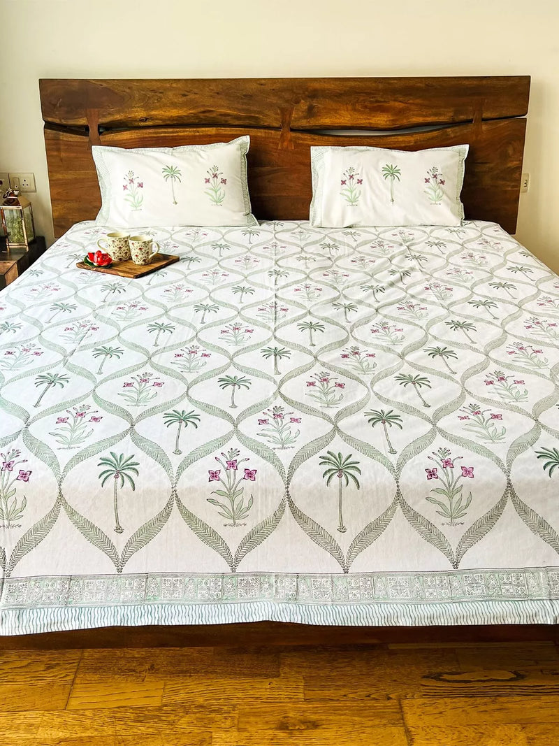 ENCHANTING PALM & FLORAL JAAL HANDBLOCK PRINTED BEDSHEET WITH REVERSIBLE PILLOW CASES