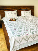 ENCHANTING PALM & FLORAL JAAL HANDBLOCK PRINTED BEDSHEET WITH REVERSIBLE PILLOW CASES