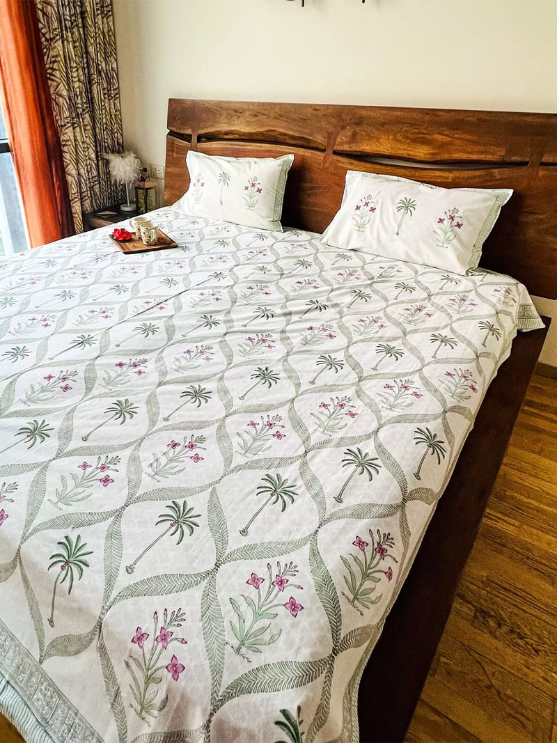 ENCHANTING PALM & FLORAL JAAL HANDBLOCK PRINTED BEDSHEET WITH REVERSIBLE PILLOW CASES