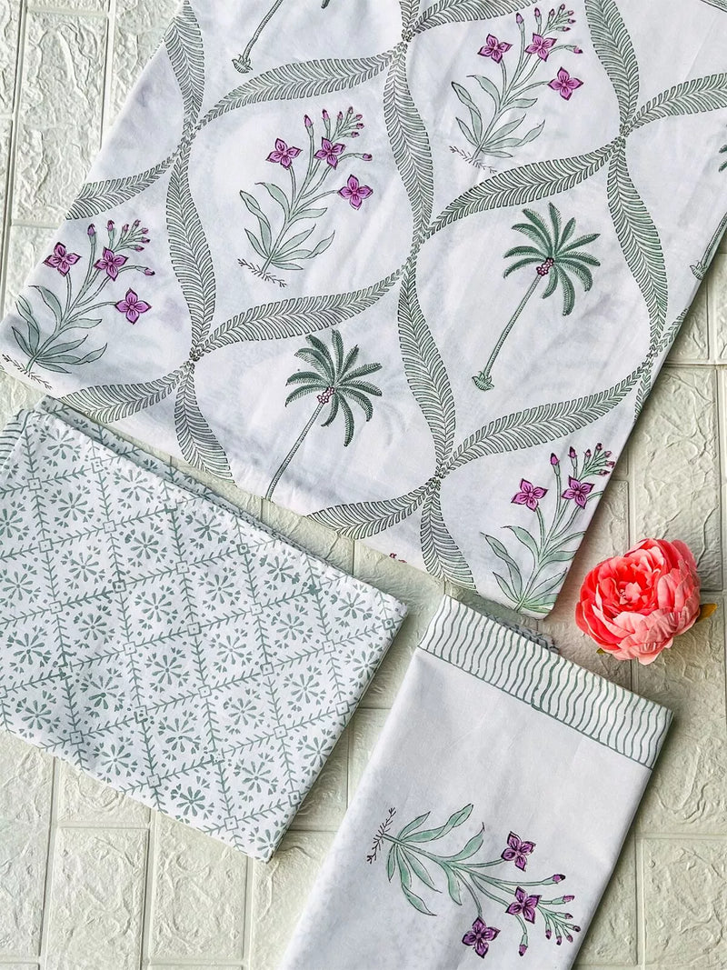 ENCHANTING PALM & FLORAL JAAL HANDBLOCK PRINTED BEDSHEET WITH REVERSIBLE PILLOW CASES