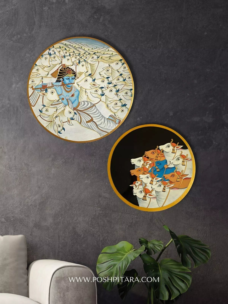 HANDPAINTED THE ENCHANTING GOVARDHAN LEELA PICHWAI WALL PLATES( SET OF TWO)