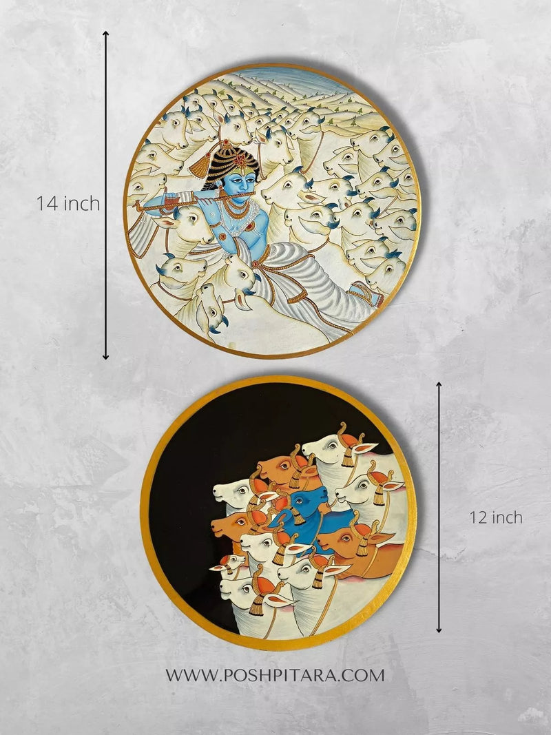 HANDPAINTED THE ENCHANTING GOVARDHAN LEELA PICHWAI WALL PLATES( SET OF TWO)