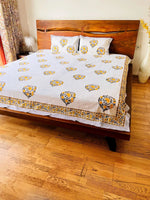 SERENE YELLOW BUTEE HAND BLOCK PRINTED BEDSHEET WITH PILLOW CASES