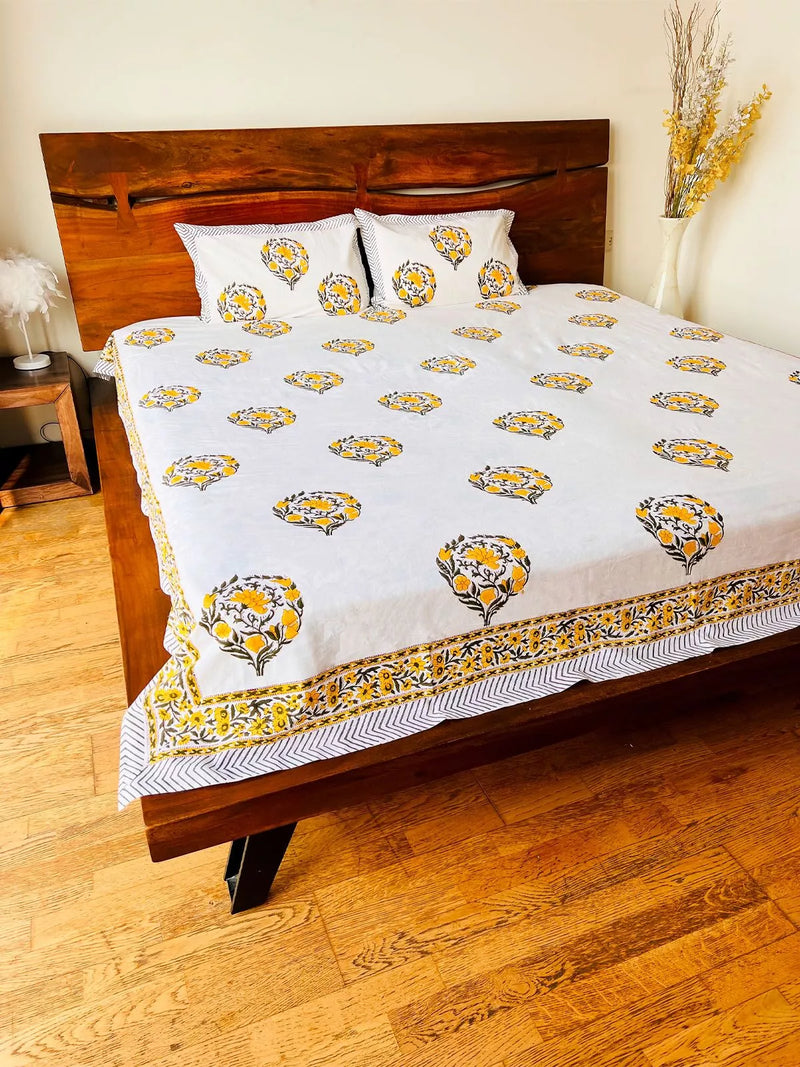 SERENE YELLOW BUTEE HAND BLOCK PRINTED BEDSHEET WITH PILLOW CASES