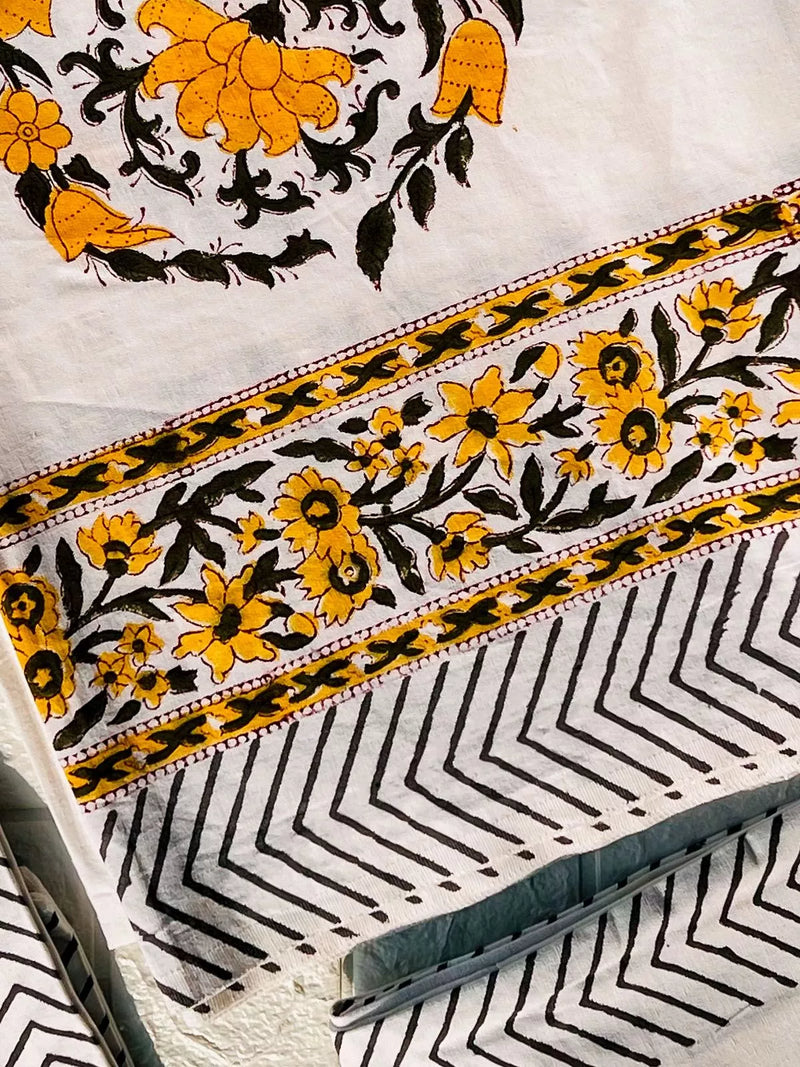 SERENE YELLOW BUTEE HAND BLOCK PRINTED BEDSHEET WITH PILLOW CASES