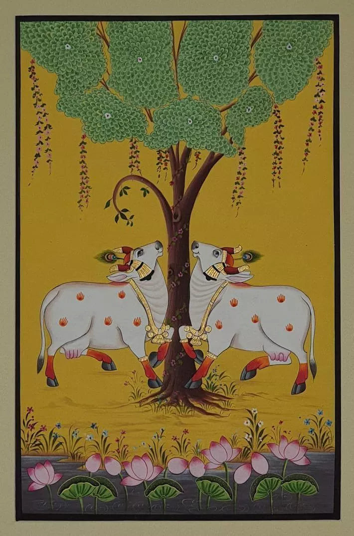 HANDPAINTED LOTUS TALAI COW PICHWAI – YELLOW