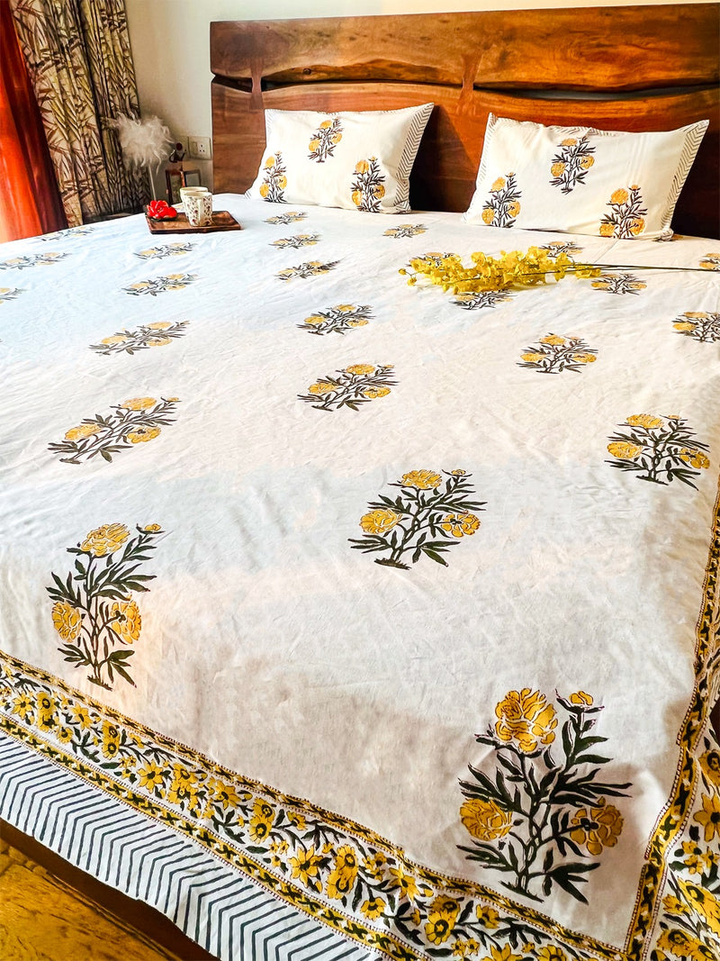 YELLOW BLOSSOMS HAND BLOCK PRINTED BEDSHEET WITH PILLOW CASES