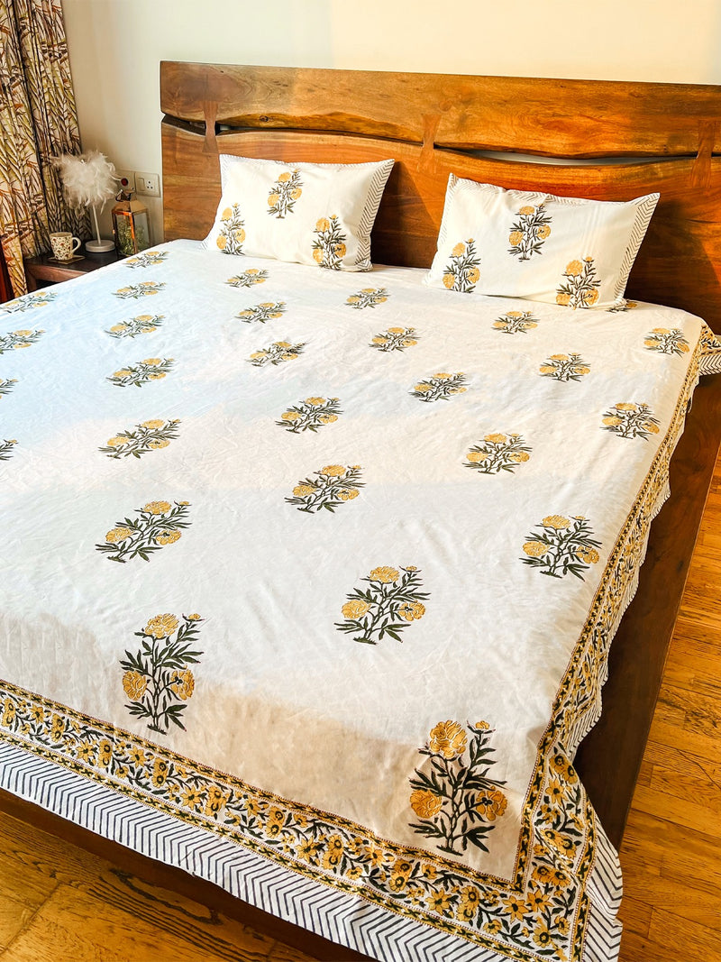 YELLOW BLOSSOMS HAND BLOCK PRINTED BEDSHEET WITH PILLOW CASES