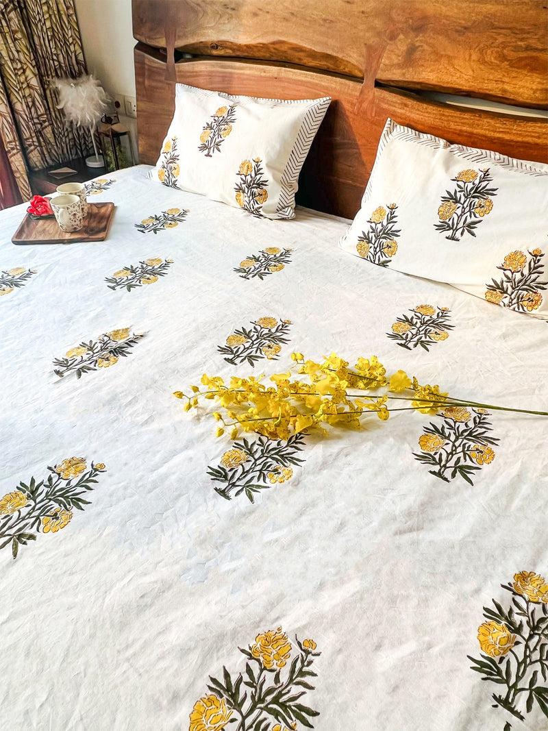 YELLOW BLOSSOMS HAND BLOCK PRINTED BEDSHEET WITH PILLOW CASES